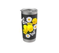 Fantasia Farfalla Bianca Margherite Giallo Viole Del Pensiero Forme Mania Bicchiere termico in acciaio inox doppia parete