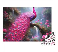 Fantasia Pavone Rosa Premium Puzzle 1000 Pezzi per Adulti Splendido Pavone Rosa nei Boschi con Cascata in Fiore Robusto Alta Qualità Vivace Stimolante Difficile Antistress 70x50cm/1000pz