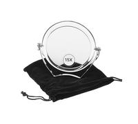 Fantasia - Specchio da viaggio in acrilico con staffa in metallo, pieghevole, con ingrandimento 15x, specchio a mano in argento, con supporto Ø 10 cm, altezza 12 cm, con custodia regalo