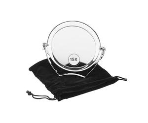 Fantasia - Specchio da viaggio in acrilico con staffa in metallo, pieghevole, con ingrandimento 15x, specchio a mano in argento, con supporto Ø 10 cm, altezza 12 cm, con custodia regalo