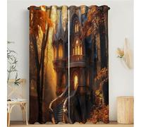 Fantasia Tende a Pannello 2 Pannelli con Occhielli, Foresta Casa Architettura, Oscuranti Trattamento della Finestra per Camera da Letto, Tende cameretta bambini 117L x 183A cm, Arancione Marrone