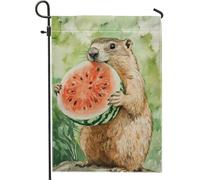 Fantasiosa bandiera da giardino a forma di anguria, simpatica marmotta con anguria, decorazione per esterni, bandiera per prato in iuta su entrambi i lati, per celebrazioni estive, affascinante