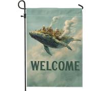 Fantasiosa bandiera da giardino a forma di balena, decorazione di benvenuto color acqua, striscione per esterni in iuta su entrambi i lati, decorazione stagionale per la casa per prato e giardino