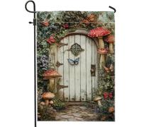Fantasiosa bandiera da giardino a forma di fungo, farfalle colorate e funghi velenosi, decorazione per esterni, decorazione autunnale stagionale su entrambi i lati, striscione per la casa delle fate