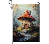 Fantasiosa bandiera da giardino a forma di fungo, vivace tetto rosso fiaba, decorazione per esterni, striscione per prato autunnale stagionale per casa e giardino, design double-face per tutte le