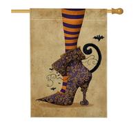 Fantasiosa bandiera da giardino a forma di gatto di Halloween, decorazione per scarpe da strega a righe viola, striscione in iuta su entrambi i lati per decorazione da giardino per esterni, 71 x 101