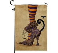 Fantasiosa bandiera da giardino a forma di gatto di Halloween, decorazione per scarpe da strega a righe viola, striscione in iuta su entrambi i lati per decorazione da giardino per esterni, 30,5 x