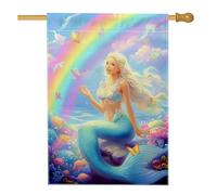 Fantasiosa bandiera da giardino a forma di sirena, decorazione blu oceano con farfalle e arcobaleno, bandiera da giardino in iuta su entrambi i lati, per decorazione estiva per esterni, 71 x 101 cm