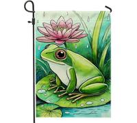 Fantasiosa bandiera da giardino anfibia verde, fiore di ninfea di pesca, decorazione per esterni per primavera estate, striscione su entrambi i lati per prato in iuta per decorazione natalizia 30,5 x