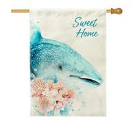 Fantasiosa bandiera da giardino con balene blu oceano, motivo floreale con creature oceaniche, decorazione per la casa, in iuta su entrambi i lati, decorazione per esterni per cortile, per l'estate