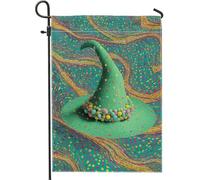 Fantasiosa bandiera da giardino con cappello verde, decorazione per esterni a pois colorati, striscione per prato in iuta su entrambi i lati, per feste di Halloween, 30,5 x 45,7 cm