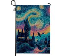 Fantasiosa bandiera da giardino con cielo notturno, decorazione per esterni con castello magico blu, decorazione per esterni, striscione su entrambi i lati, decorazione per feste di Halloween, 30,5 x