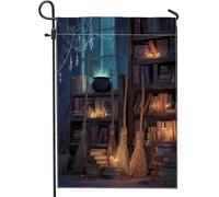 Fantasiosa bandiera da giardino con manico di scopa blu, decorazione per biblioteca incantata per Halloween, striscione da esterno in iuta su entrambi i lati per celebrazione autunnale 30,5 x 45,7 cm