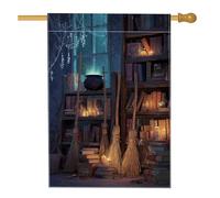 Fantasiosa bandiera da giardino con manico di scopa blu, decorazione per biblioteca incantata per Halloween, striscione da esterno in iuta su entrambi i lati per celebrazione autunnale 71 x 101 cm