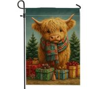 Fantasiosa bandiera da giardino con mucca delle Highland, mucca marrone con regali di Natale e alberi, striscione in iuta su entrambi i lati per decorazioni all'aperto per vacanze 30,5 x 45,7 cm