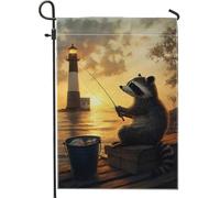 Fantasiosa bandiera da giardino con pesca al procione, accogliente faro al tramonto, decorazione per esterni, bandiera da cortile in iuta su entrambi i lati per tutte le stagioni, ideale per la