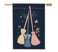 Fantasiosa bandiera da giardino con scopa blu navy, multicolore con scope e farfalle, decorazione per esterni, striscione in iuta su entrambi i lati, per feste di Halloween, decorazione per prato, 71