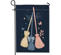 Fantasiosa bandiera da giardino con scopa blu navy, multicolore con scope e farfalle, decorazione per esterni, striscione in iuta su entrambi i lati, per feste di Halloween, decorazione per prato
