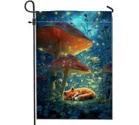 Fantasiosa bandiera da giardino con volpe, motivo funghi blu, decorazione per fiabe su entrambi i lati, perfetta per feste primaverili ed estive, 30,5 x 45,7 cm