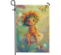 Fantasiosa bandiera da giardino delle fate, girasole verde brillante per bambini, decorazione per la casa dei bambini, decorazione per esterni in iuta su entrambi i lati, per feste primaverili ed