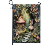 Fantasiosa bandiera da giardino delle fate, striscione decorativo per la casa con funghi peschi, bandiera a doppia faccia, decorazione per prato primaverile per esterni, 30,5 x 45,7 cm