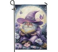 Fantasiosa bandiera da giardino delle fiabe, bandiera viola incantata con gnomo che legge la casa, decorazione per la casa, in iuta su entrambi i lati, decorazione per prato all'aperto per feste