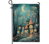Fantasiosa bandiera da giardino delle fiabe notturne, motivo case incantate blu, decorazione lunare da giardino, bandiera da giardino in poliestere su entrambi i lati, decorazione stagionale per