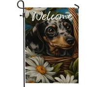 Fantasiosa bandiera da giardino floreale, margherita bianca e simpatico design con animali, decorazione per la casa, opera d'arte su entrambi i lati per la primavera all'aperto decorazione del prato