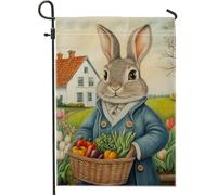 Fantasiosa bandiera da giardino primaverile, coniglio grigio con cesto di verdure, decorazione per esterni, striscione floreale su entrambi i lati, decorazione per prato per le vacanze, 30,5 x 45,7 cm