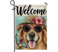 Fantasiosa bandiera estiva da giardino per cani, striscione di benvenuto beige con farfalla e design floreale, decorazione per esterni in iuta su entrambi i lati, per casa e giardino, 30,5 x 45,7 cm