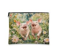 Fantasiosa borsa cosmetica floreale, Happy Pigs vintage da viaggio per donne, piccola borsa portatile in tela con cerniera, borsa da toilette primaverile per la cura della pelle, Pesca, 7x9 Inch
