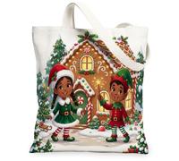 Fantasiosa borsa in tela con illustrazione di casa di pan di zenzero, 33 x | Fantasiosi personaggi delle fate, scena invernale luminosa, decorazione festiva, affascinante arte stagionale
