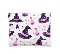 Fantasiosa borsa per il trucco, cappello da strega viola e pozione, borsa da viaggio per donne, piccola borsa portatile in tela con cerniera, borsa da toilette per Halloween, Viola, 7x9 Inch