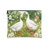 Fantasiosa borsa per il trucco, con anatre bianche e crisantemo, borsa da viaggio per cosmetici, da donna, piccola borsa portatile in tela con cerniera, organizer per articoli da toeletta primaverili