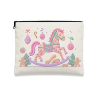 Fantasiosa borsa per il trucco, con cavallo a dondolo color pesca, borsa da viaggio per cosmetici, da donna, piccola borsa portatile in tela con cerniera, borsa da toilette per la cura della pelle
