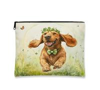 Fantasiosa borsa per il trucco floreale, borsa cosmetica con illustrazione di cane felice per donne, organizer portatile in tela con cerniera, borsa da toilette primaverile per la cura della pelle