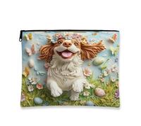 Fantasiosa borsa per il trucco floreale, borsa da viaggio con cane felice e farfalle, borsa da viaggio per donne, organizer portatile in tela con cerniera, regalo per primavera e Pasqua, 17,8 x 22,9
