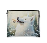 Fantasiosa borsa per il trucco floreale, borsa da viaggio per cosmetici con cane felice e farfalla, piccola borsa portatile in tela con cerniera, borsa da toilette primaverile per la cura della pelle