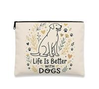 Fantasiosa borsa per il trucco floreale, borsa da viaggio per gli amanti degli animali, organizer portatile in tela con cerniera, borsa per la cura della pelle quotidiana, Beige, 7x9 Inch, Cane