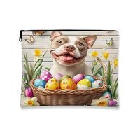 Fantasiosa borsa per il trucco floreale, borsa per cosmetici con disegno pasquale cane felice per donne, borsa portatile in tela con cerniera, organizer da viaggio stagionale per primavera, 17,8 x 22,
