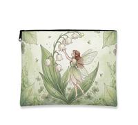 Fantasiosa borsa per il trucco floreale, fata e gigli della valle, borsa da viaggio per donne, organizer portatile in tela con cerniera, borsa da toilette regalo primaverile, Verde, 7x9 Inch, Fata