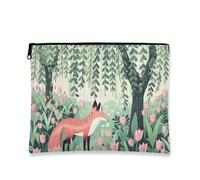 Fantasiosa borsa per il trucco floreale, volpe e fiori, vintage, da viaggio, per donne, piccola borsa portatile in tela con cerniera, regalo primaverile per la cura della pelle, Verde, 7x9 Inch