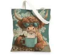 Fantasiosa borsa tote in tela, motivo mucca delle Highland, borse per la spesa riutilizzabili, leggere e lavabili, con tracolla per palestra, viaggi, spiaggia, picnic, 33 x 38 cm