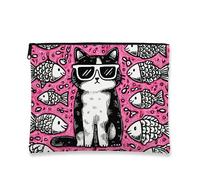 Fantasiosa trousse da viaggio con gatto con occhiali da sole e pesce, borsa da viaggio per donne, piccola borsa portatile in tela con cerniera, borsa da toeletta regalo per festival, Pesca, 7x9 Inch