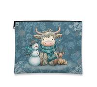 Fantasiosa trousse da viaggio con uomo delle nevi blu e mucca delle Highland Cow, borsa da viaggio portatile piccola con cerniera, borsa da toilette per le vacanze, Blu, 7x9 Inch, Borsa