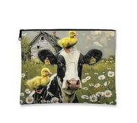 Fantasiosa trousse per il trucco, con mucca e anatroccoli, borsa da viaggio vintage per donne, piccola borsa portatile in tela con cerniera, borsa da toilette regalo per festival di primavera, Nero e