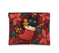 Fantasiosa trousse per trucchi, con gatto natalizio e omino di pan di zenzero, borsa per cosmetici da donna, piccola borsa portatile in tela con cerniera, borsa da toilette per feste e festival, Rosso