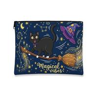 Fantasioso astuccio magico per trucchi, con gatto e cappello da strega, astuccio da viaggio per donne, organizer portatile in tela con cerniera, borsa per Halloween per la cura della pelle, Navy, 7x9
