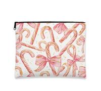 Fantasioso astuccio per cosmetici a forma di bastoncino di zucchero, con fiocco di pesca, astuccio per trucco natalizio da donna, organizer portatile con cerniera, borsa da toilette per la cura della