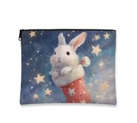 Fantasioso astuccio per cosmetici con coniglio, astuccio per trucchi con stelle festive, per donne, organizer portatile in tela con cerniera, borsa da toilette per le vacanze, Bianco, 7x9 Inch
